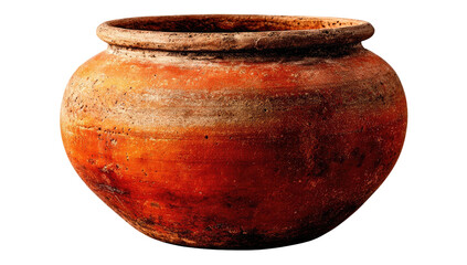 Rounded, terracotta pot with a wide rim.  Terracotta, earthy tones,?aged look