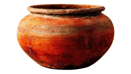 Rounded, terracotta pot with a wide rim.  Terracotta, earthy tones,?aged look