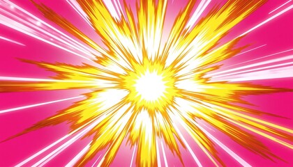 Digital illustration featuring vibrant yellow starburst in gray background. Bright yellow light radiates outwards, surrounded by light particles. Yellow star serves as central focal point, creating