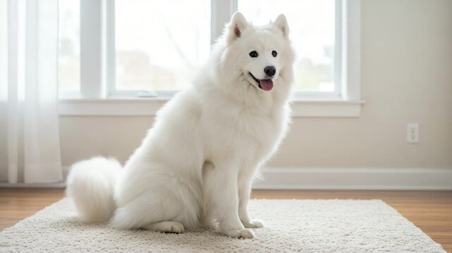 White Samoyed dog sitting on carpet indoors with a friendly expression  