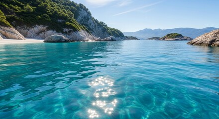 Obraz premium Tropical Mountain Coastline with Crystal Clear Blue Water—Idyllic Beach and Scenic Nature Landscape