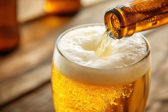 Golden beer is being poured from a bottle into a glass, creating a foamy head on a wooden table background - Powered by Adobe