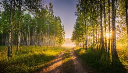 a dirt road passing through a birch grove permeated through the rays of the morning sun