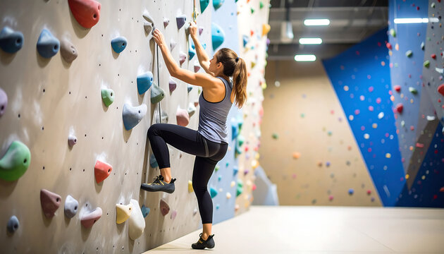 Young woman climbing indoor rock climbing wall with colorful holds, showing strength and focus in gym setting