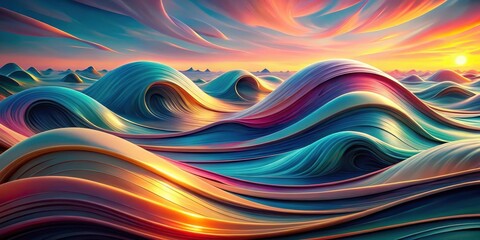 Abstract Colorful Swirling Waves at Sunset A Dreamlike Seascape of Vibrant Hues and Smooth, Flowing Lines