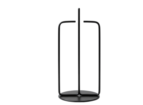Black metal paper towel holder with white paper roll isolated on transparent background