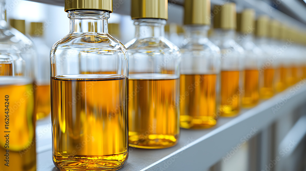 Poster a neat row of clear bottles filled with golden liquid. bottles are capped with gold and neatly organ