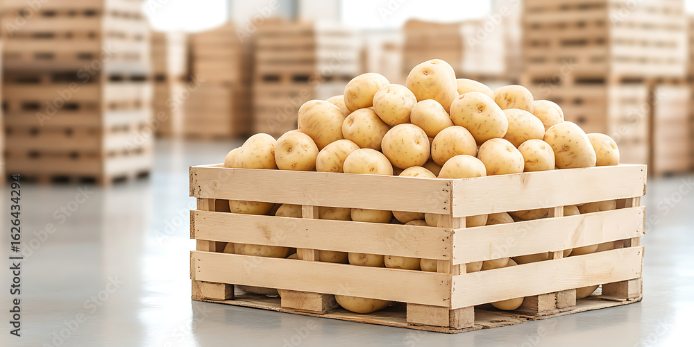 Poster fresh potatoes in a wooden crate, ready for market or processing. stacks of crates visible in the ba