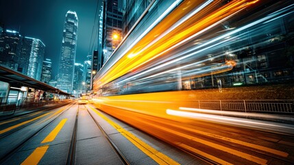 Naklejka premium City street at night with light trails from fast-moving vehicles, surrounded by tall illuminated skyscrapers