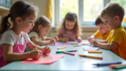 Fototapeta premium Blurred view of a classroom during art time. Children are working on crafts, crayons and paper are scattered on the tables.