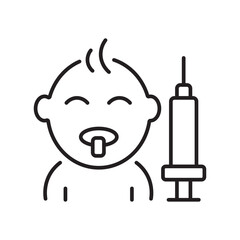 Single icon representing child or infant vaccination, shown in outline style. Editable stroke vector illustration.