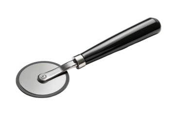 Black-handled, stainless steel pizza cutter