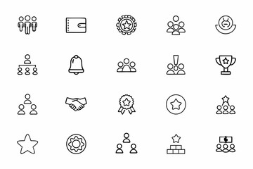 A minimalist icon collection focused on corporate equity distribution, incentive plans, and employee rewards. Perfect for startup pitch decks, HR strategy documents, and compensation packages