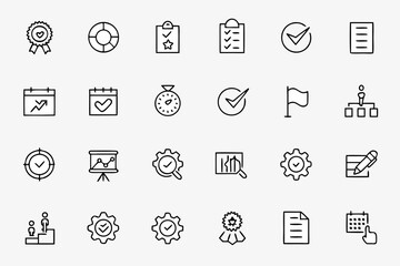 A modern icon set showing various stages of task progress and performance analytics. Great for dashboards, reporting tools, and KPI monitoring