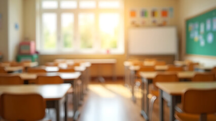 Abstract blurred image of a bright primary school classroom with rows of wooden desks and chairs, morning sunlight streaming through large windows