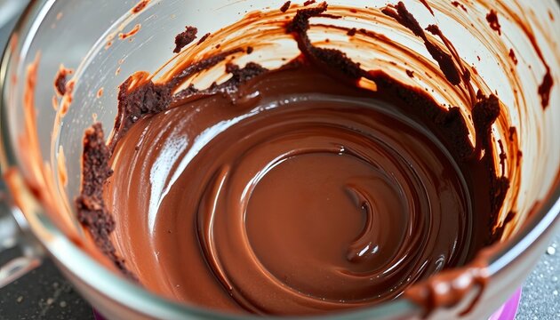 Chocolate brownie batter remnants clinging to a mixing bowl's sides and bottom, ingredients, chocolate