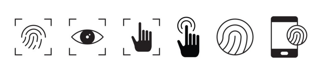 Line vector icons of financial security: biometric check, passcode input, safe vault, identity verify, security update, warning icon, authentication lock, firewall protection.