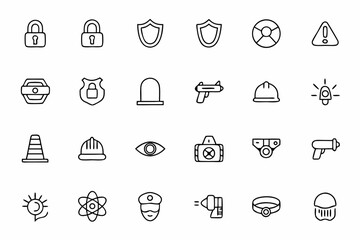 A versatile set covering personal safety measures and public security symbols. Useful for community programs, personal protection gear, and safety awareness campaigns