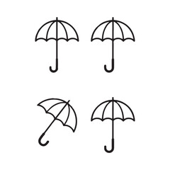 Four simple line art umbrella icons for weather or protection design.