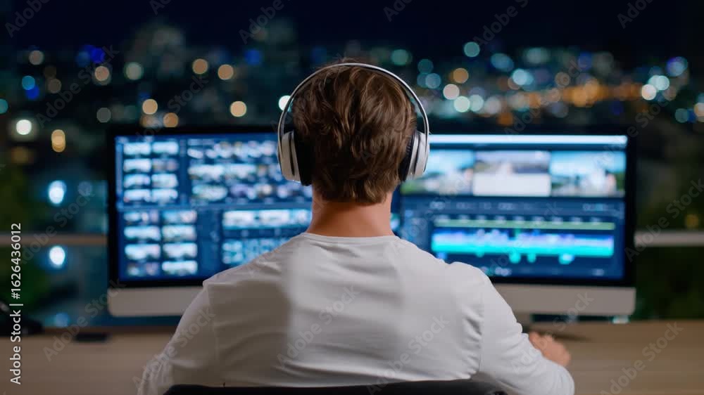 Poster a content creator edits video on a large desktop monitor in a dimly lit room, using headphones and m