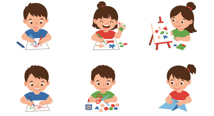 Six cartoon children engaged in various art activities, including drawing, painting, cutting, and making origami.