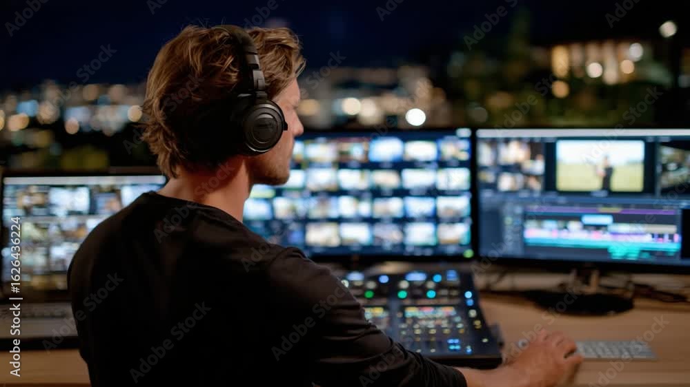 Poster video editor working on a large desktop monitor in a dimly lit room, wearing headphones and managing