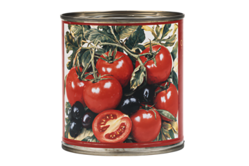 Retro illustration of tomatoes and olives on a tin can label.