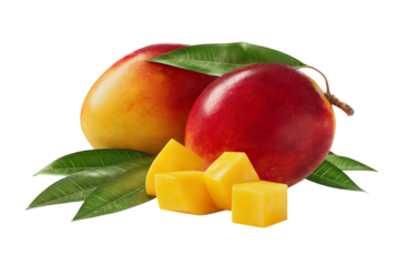 Fresh ripe mangoes with green leaves and diced mango pieces.