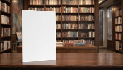 Serene library scene with tall wooden bookshelf background, rows of books extending length. White paper sign stands out, simplicity, elegance drawing attention. Bookshelf, Books, Library text adds