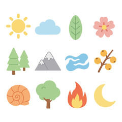 Colorful Flat Icons Depicting Natural Elements for Educational or Design Use