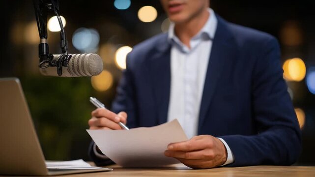 A podcast host crafts a script by hand in a cozy studio, surrounded by a microphone and laptop under warm ambient lighting.