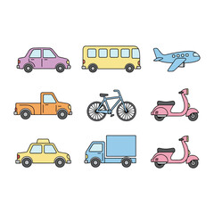 Cute Cartoon Illustration of Various Transportation Modes