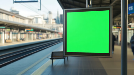 Green screen display at train station. Waiting area for commuters. Modern platform design with benches and information display system for passengers.
