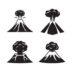 Four Simple Black and White Volcano Icons for Educational or Design Use