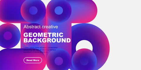 Vibrant geometric shapes overlap, creating dynamic abstract background. Text block with call to action present. Modern design elements visible.