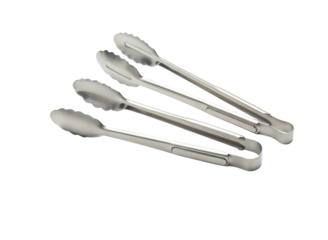 Set of stainless steel kitchen tongs isolated on transparent background