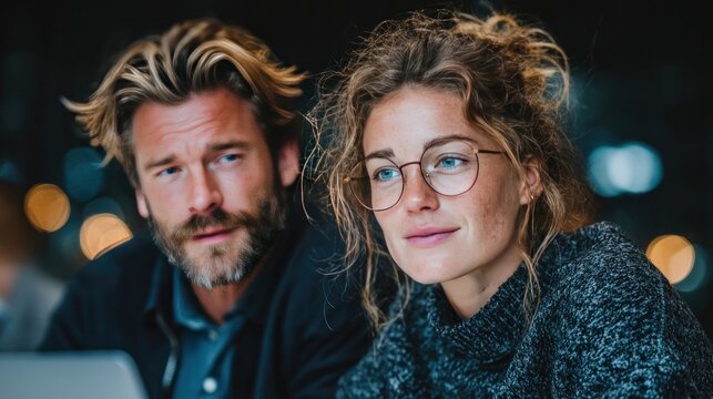 Business professionals analyzing financial data on laptop in office meeting