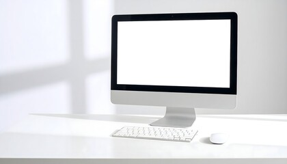 Fototapeta premium Minimalist Desktop Computer on White Table — for mock up, graphic design, UI/UX, marketing banner, website hero section