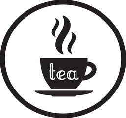 Black and white illustration of a steaming cup of tea in a circle