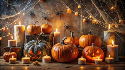 Spooky autumnal harvest still life with carved pumpkins, candles, and spider decorations on rustic wooden surface