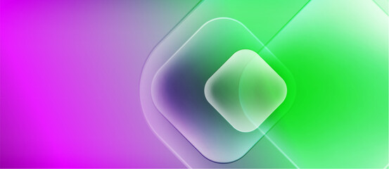 Abstract gradient background. Soft purple transitions to vibrant green. Overlapping translucent squares create depth, focus. Minimalist design.