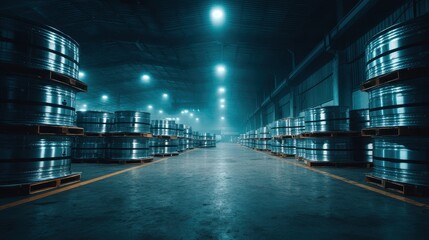Fototapeta premium Stacks of metal coils are organized on pallets in a spacious, illuminated industrial warehouse