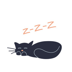Vector cartoon illustration of a cute sleeping black cat isolated on white