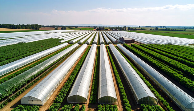 Greenhouse farm aerial view with rows of plastic tunnel structures and lush crops under bright sky
