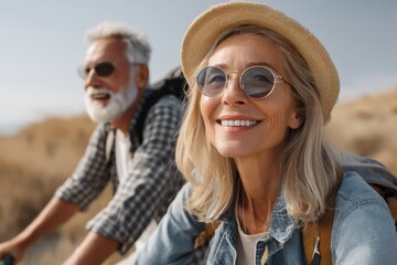 Smiling older couple enjoying a sunny outdoor adventure, wearing sunglasses and hats while biking through a scenic landscape