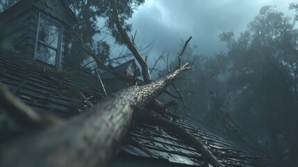 Obraz premium A large tree has fallen on a house roof during a storm, causing visible damage under dark, cloudy skies