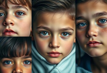 Close-up portraits; young subject, direct gaze, various expressions,  close-up,  young