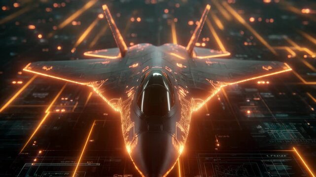 Stealth fighter jet above digital interface
