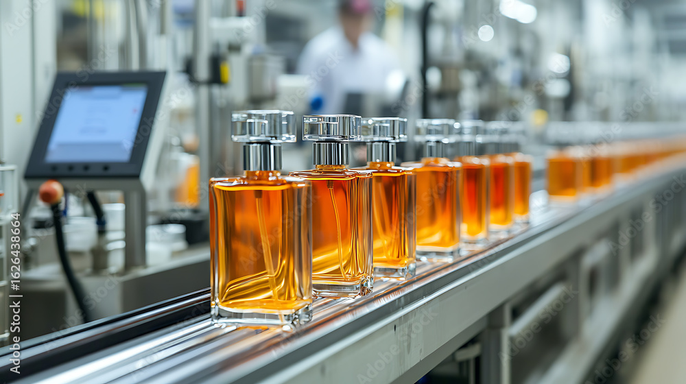 Aufkleber assembly line of identical glass containers filled with orange liquid, chrome tops on a conveyor bel