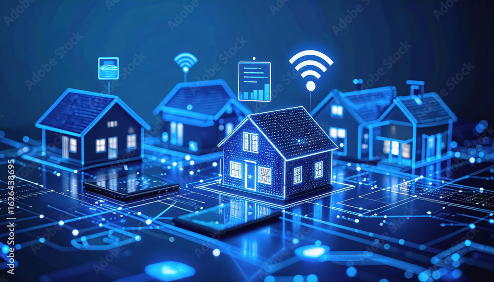 Poster home surrounded by interconnected lines featuring wi-fi connectivity and ai cybersecurity with copy 
